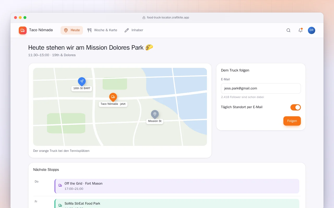 Foodtruck-Finder mit Speisekarte: der Bildschirm „Heute stehen wir am Mission Dolores Park 🌮“