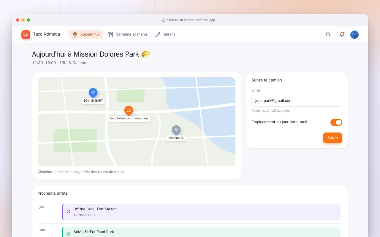Localisateur de food truck et menu : l’écran Aujourd’hui à Mission Dolores Park 🌮