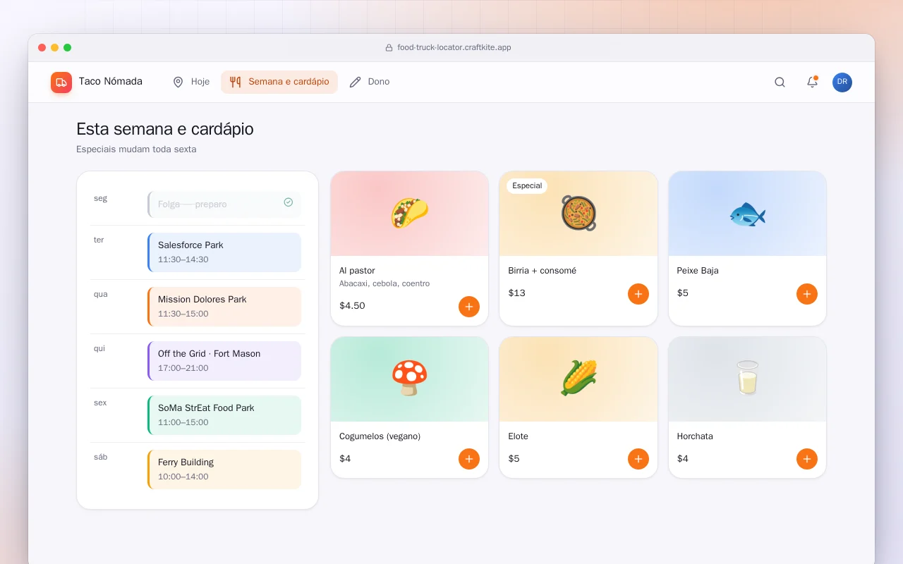 Localizador e cardápio de food truck: a tela Esta semana e cardápio
