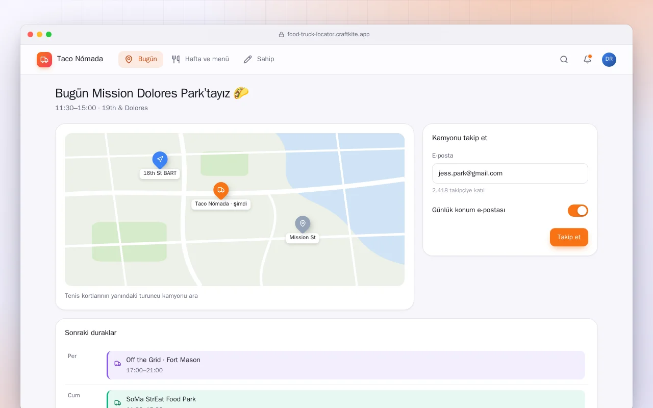 Yemek kamyonu konumu ve menüsü: Bugün Mission Dolores Park’tayız 🌮 ekranı