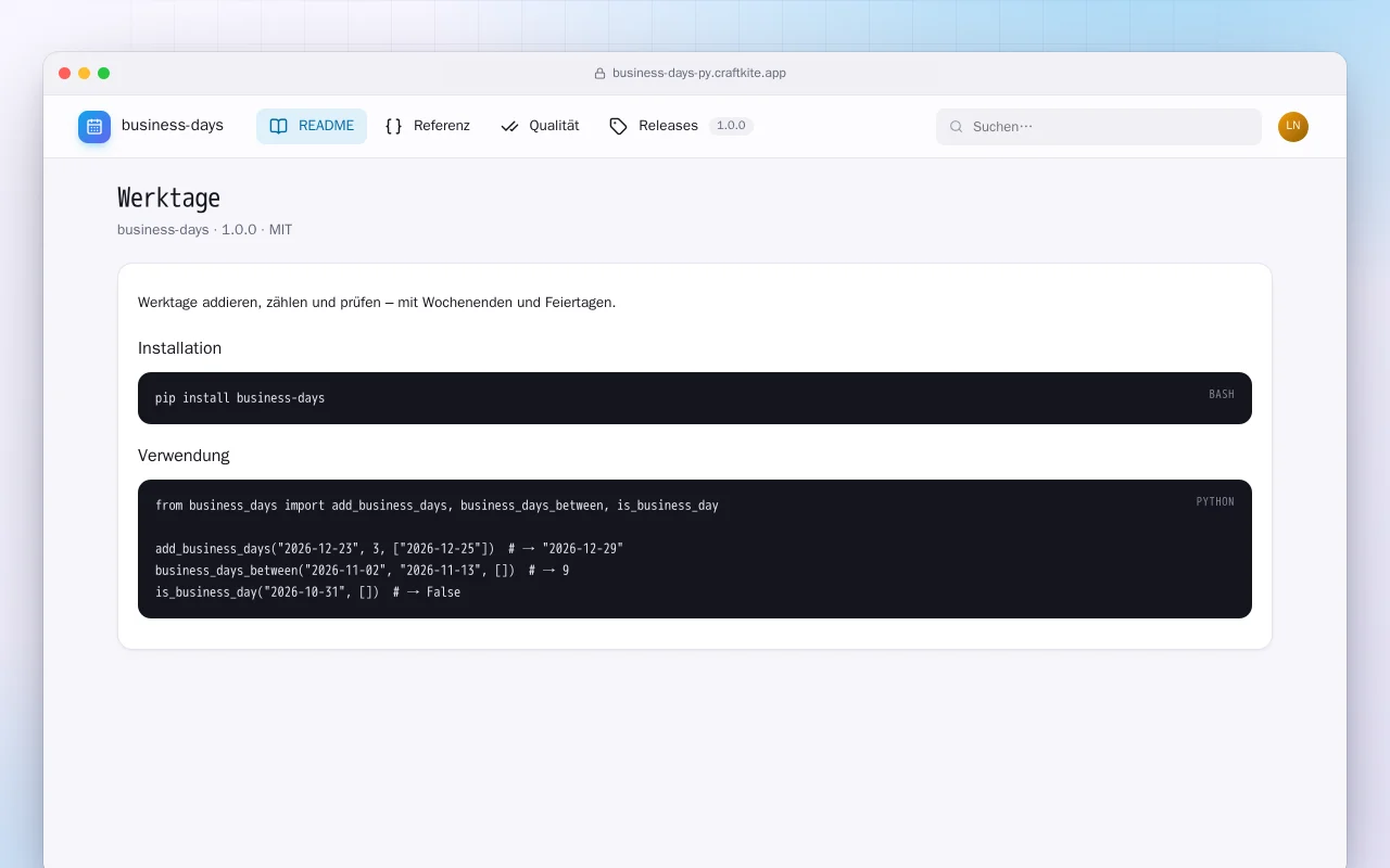 Werktage (Python): der Bildschirm „Werktage“