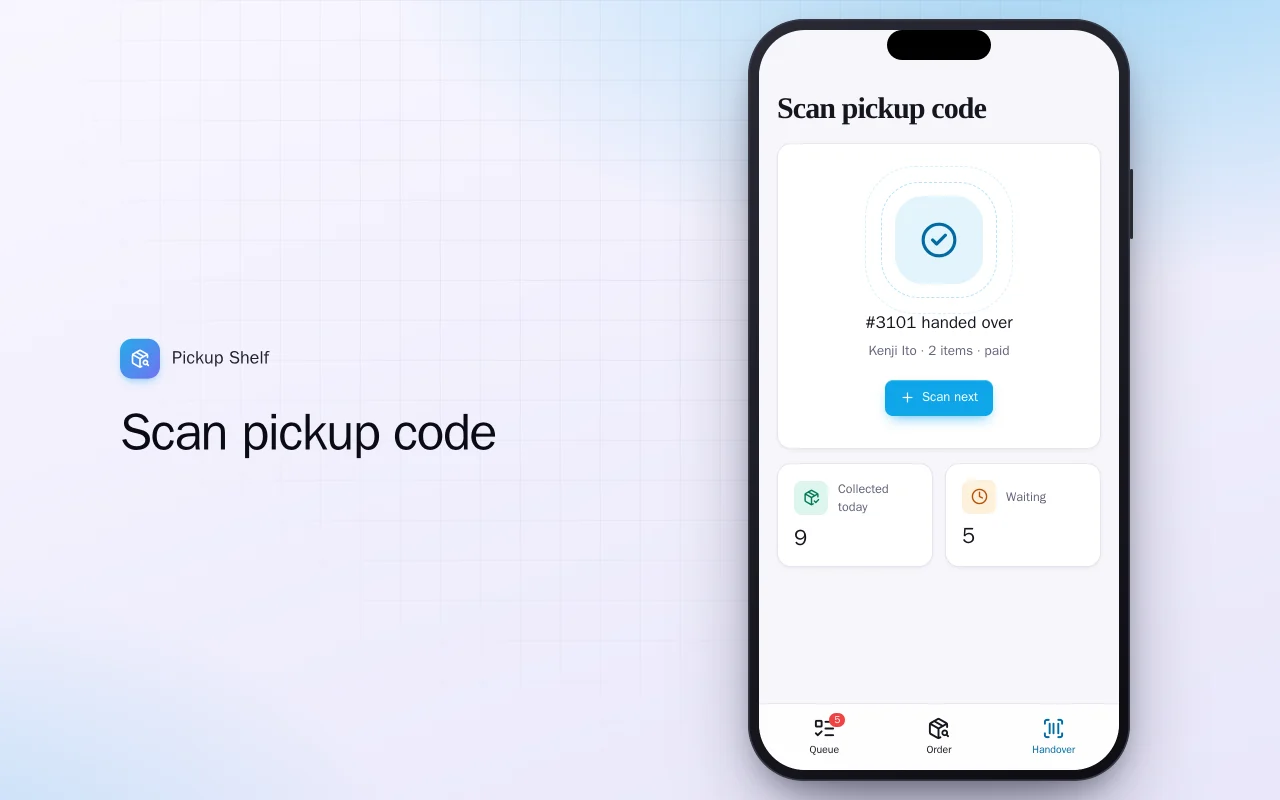 Click and collect: the Scan pickup code screen