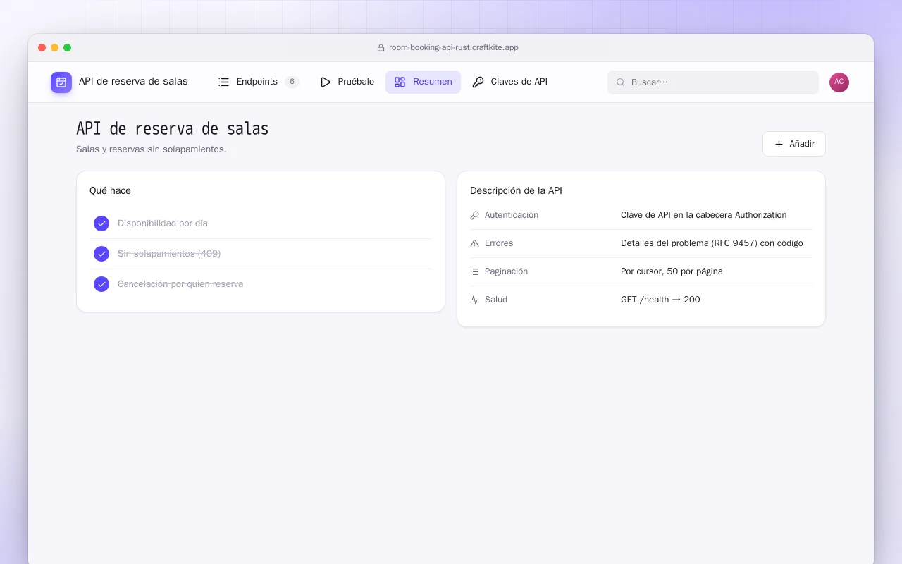 API de reserva de salas (Rust): la pantalla API de reserva de salas