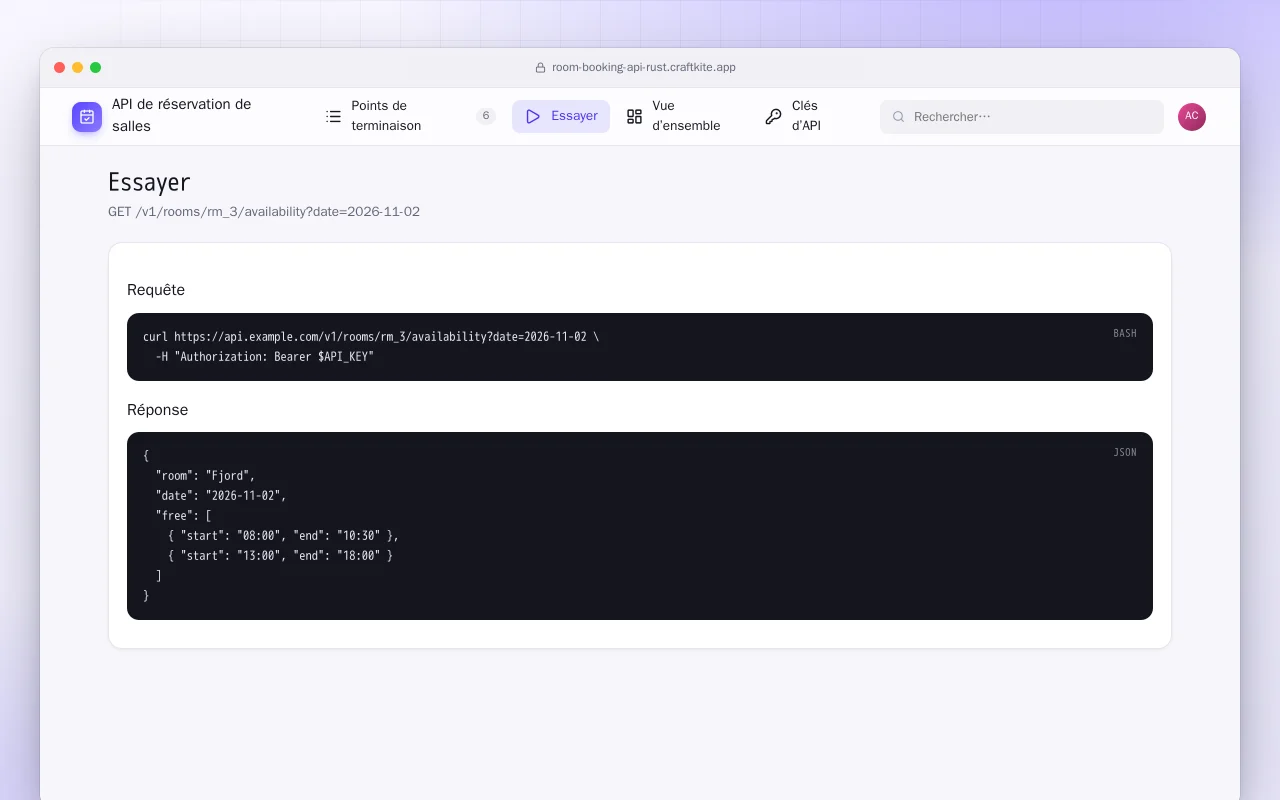 API de réservation de salles (Rust) : l’écran Essayer