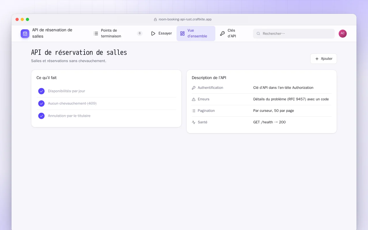 API de réservation de salles (Rust) : l’écran API de réservation de salles