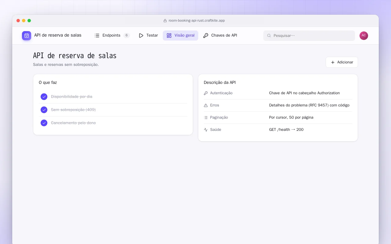 API de reserva de salas (Rust): a tela API de reserva de salas