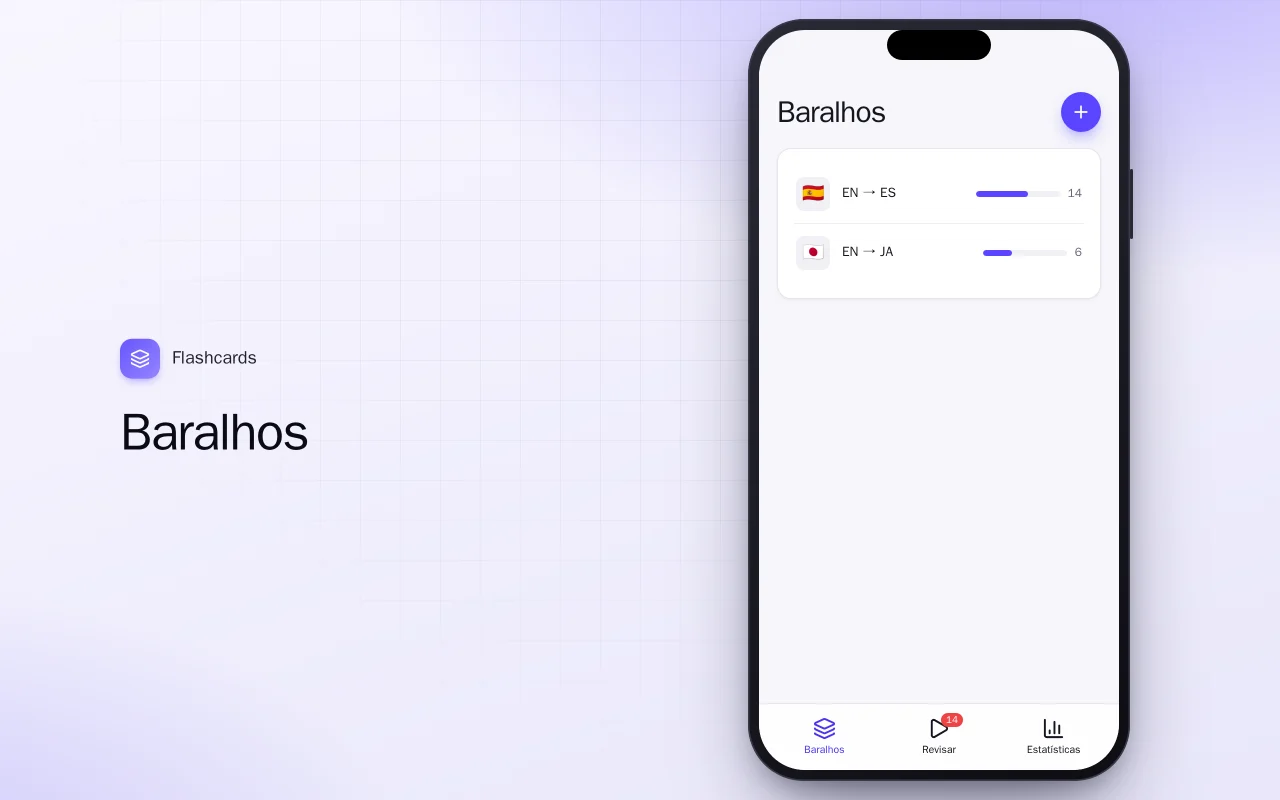 Cartões de idiomas (Flutter): a tela Baralhos