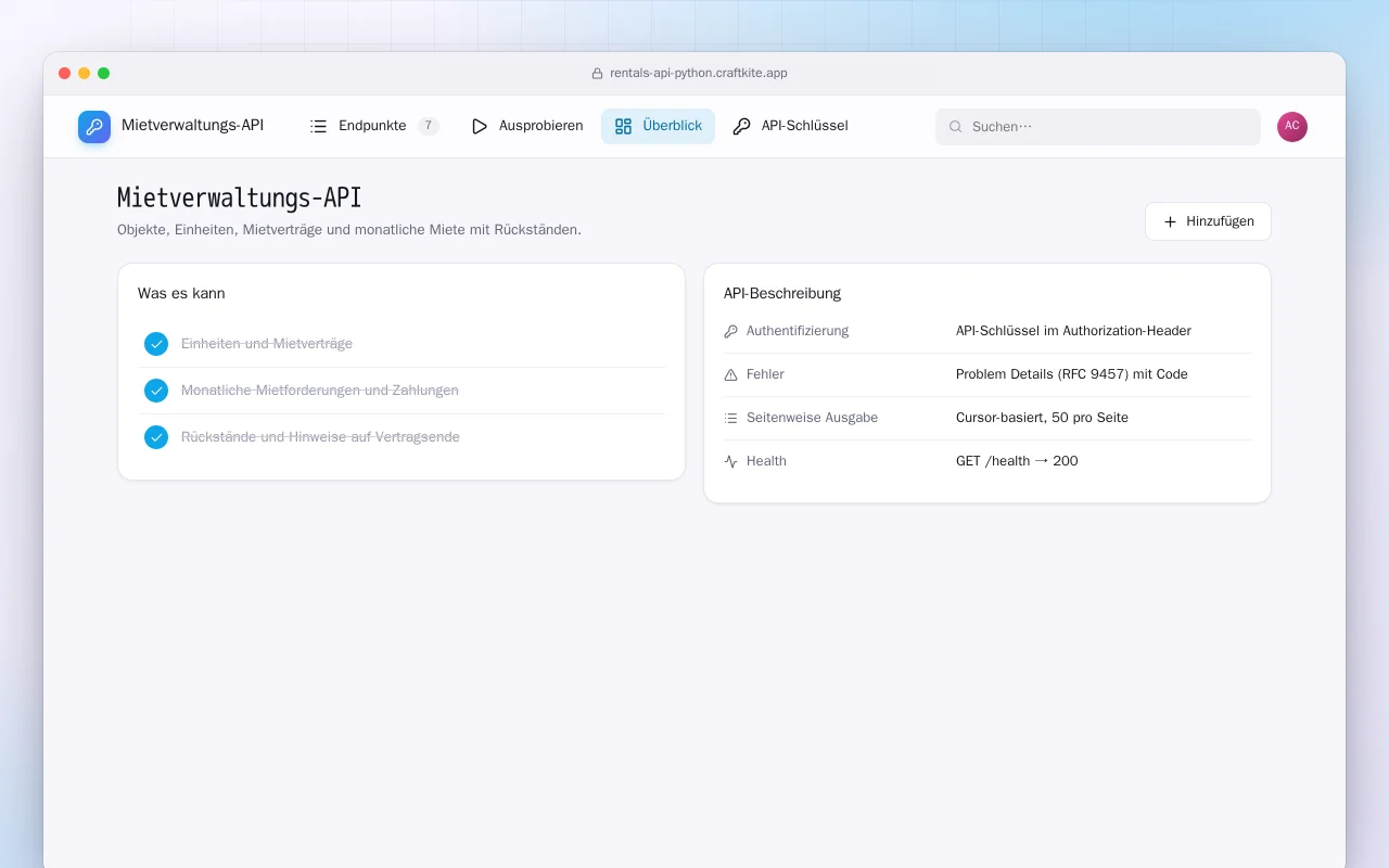 Mietverwaltungs-API (Python): der Bildschirm „Mietverwaltungs-API“