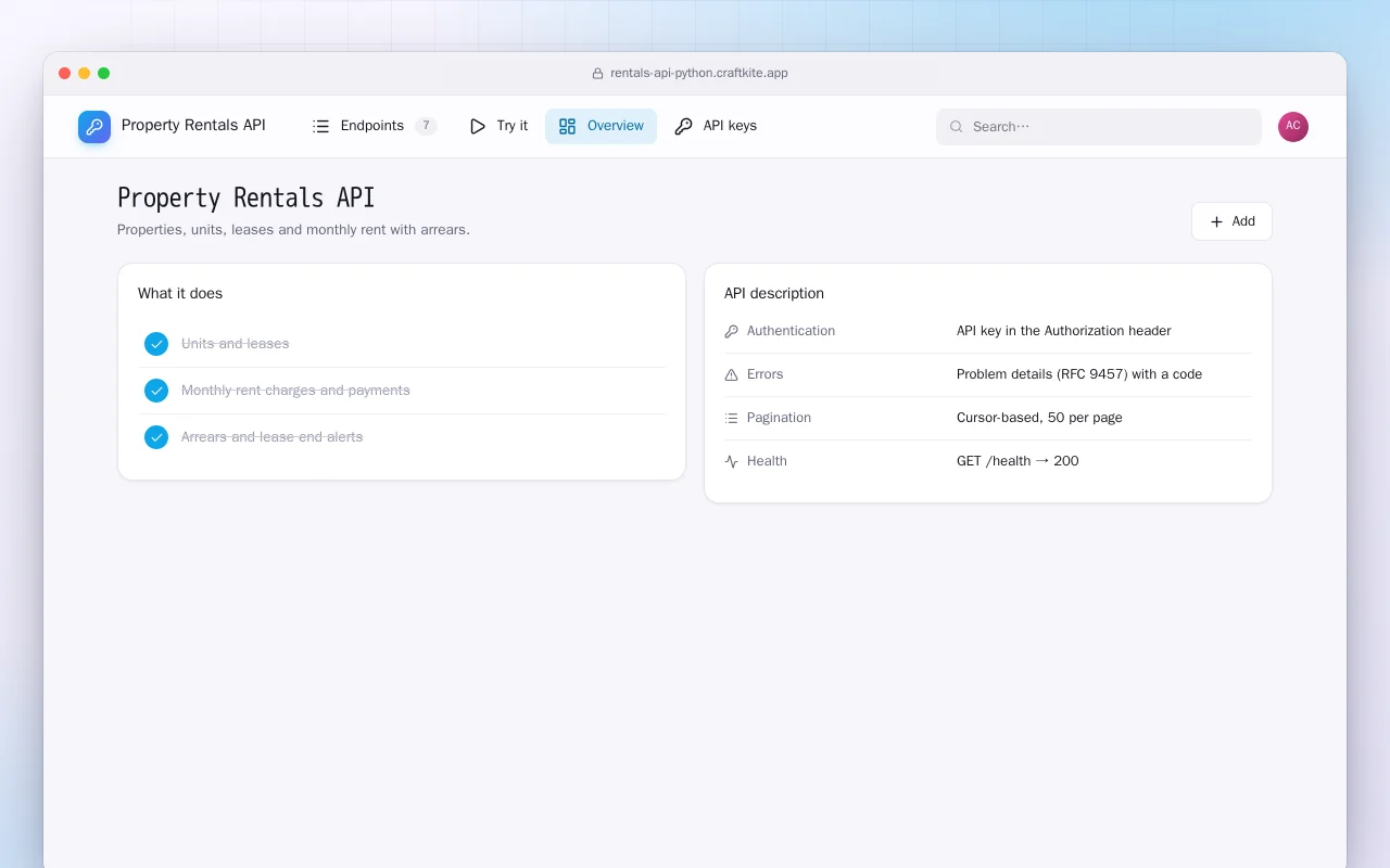 Property Rentals API (Python): the Property Rentals API screen