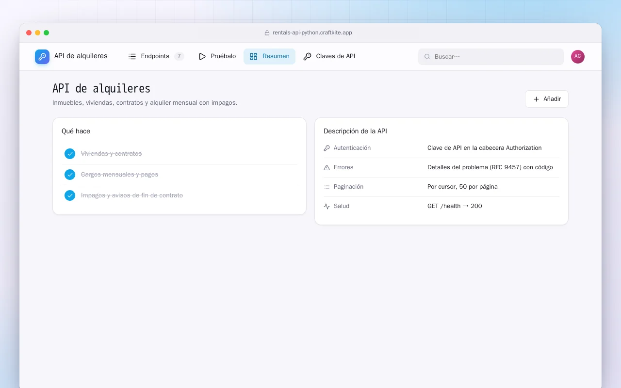 API de alquileres (Python): la pantalla API de alquileres