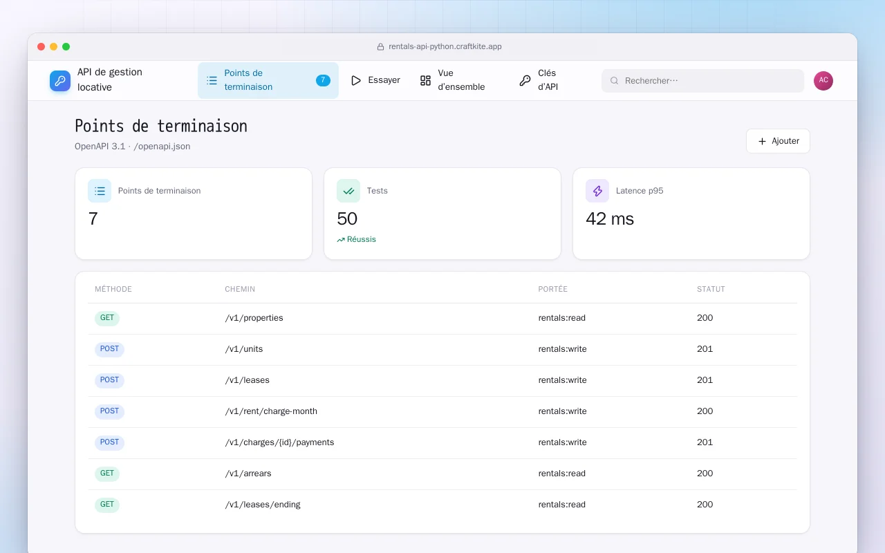 API de gestion locative (Python) : l’écran Points de terminaison