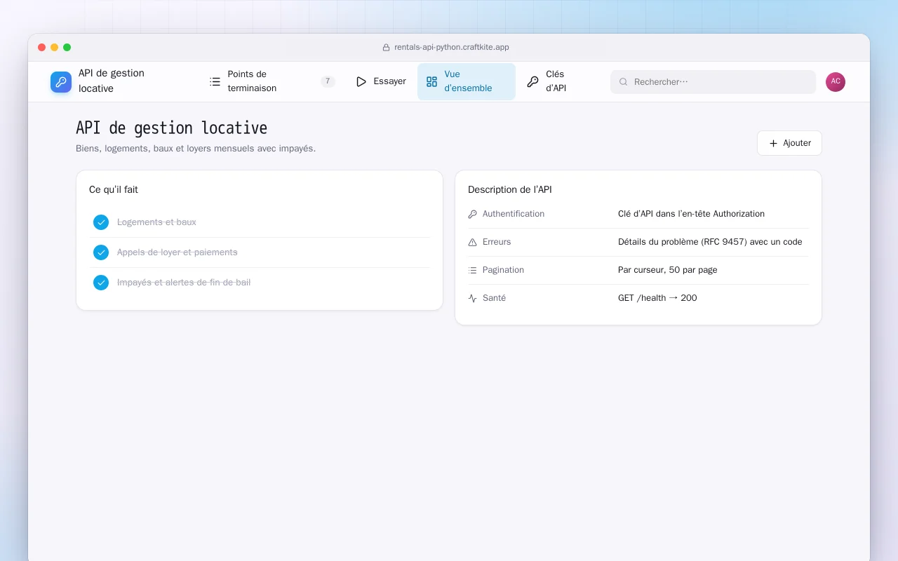 API de gestion locative (Python) : l’écran API de gestion locative