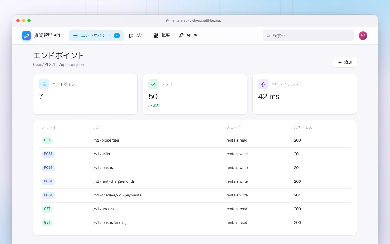 賃貸管理 API（Python）：エンドポイント画面
