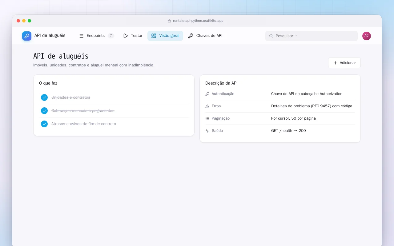 API de aluguéis (Python): a tela API de aluguéis