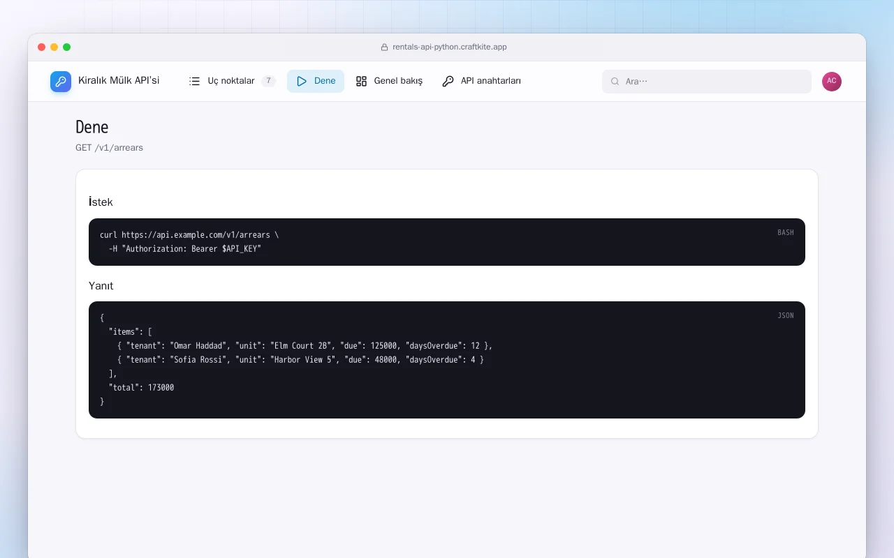 Kiralık Mülk API’si (Python): Dene ekranı