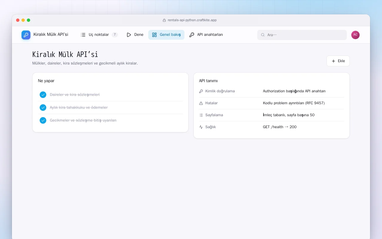 Kiralık Mülk API’si (Python): Kiralık Mülk API’si ekranı