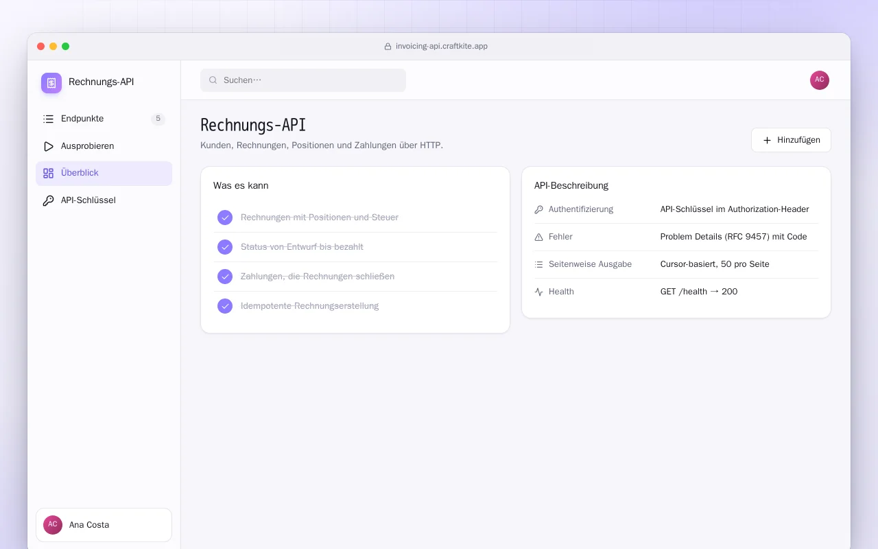 Rechnungs-API: der Bildschirm „Rechnungs-API“