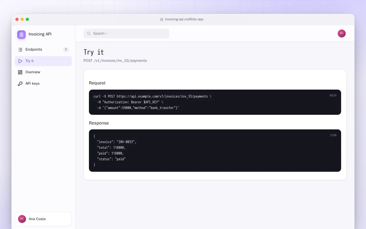 Invoicing API: the Try it screen