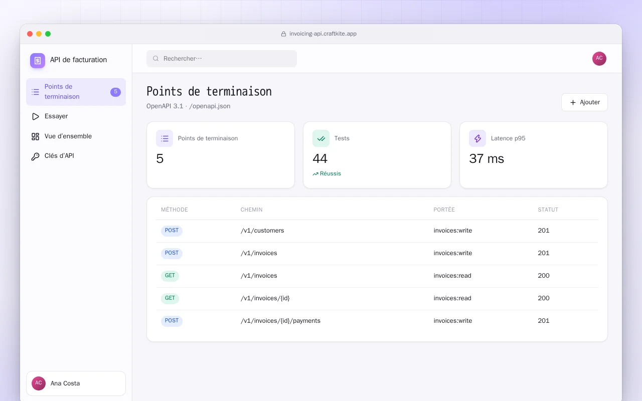 API de facturation : l’écran Points de terminaison
