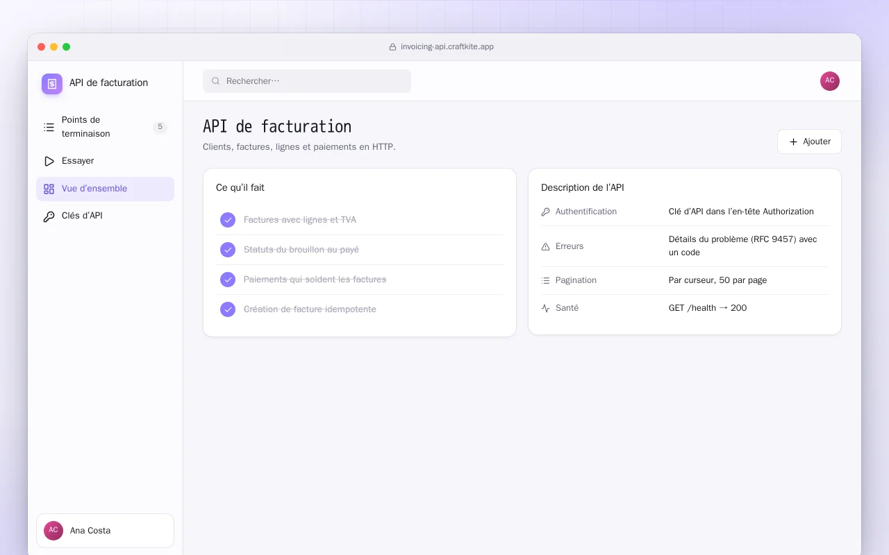 API de facturation : l’écran API de facturation