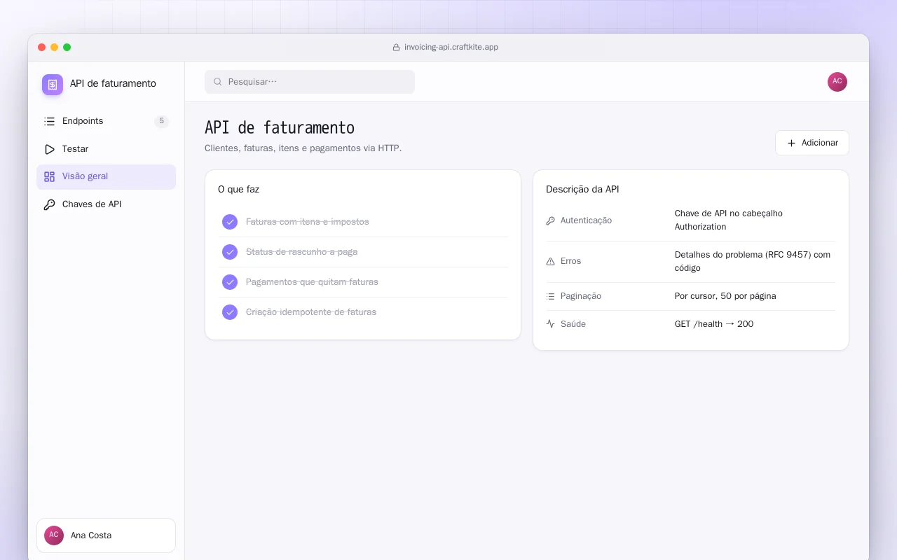 API de faturamento: a tela API de faturamento