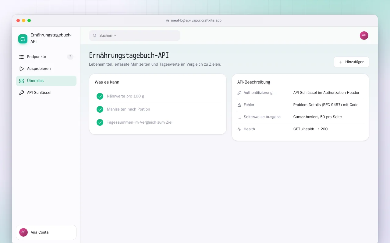Ernährungstagebuch-API (Vapor): der Bildschirm „Ernährungstagebuch-API“