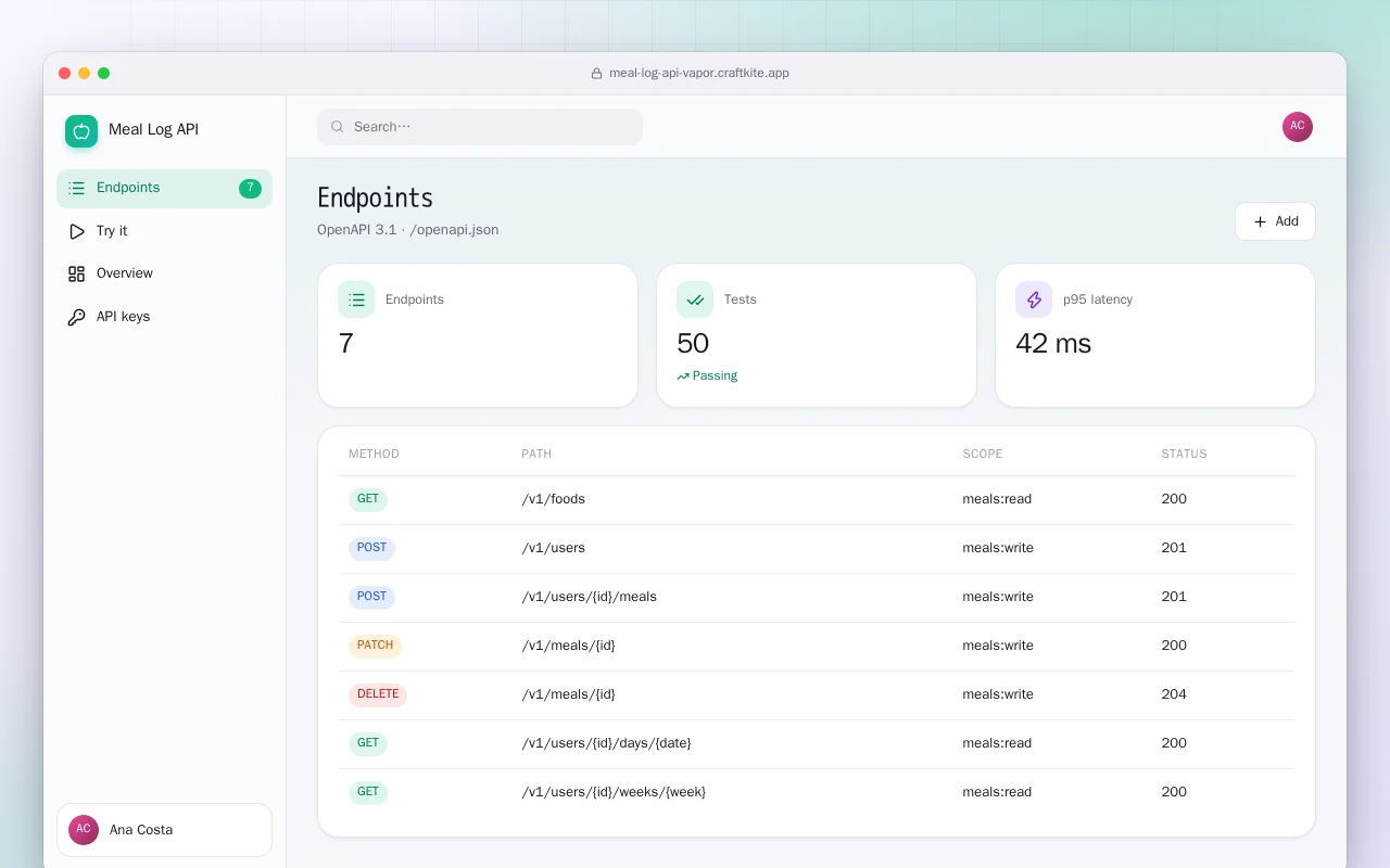 Meal Log API (Vapor): the Endpoints screen