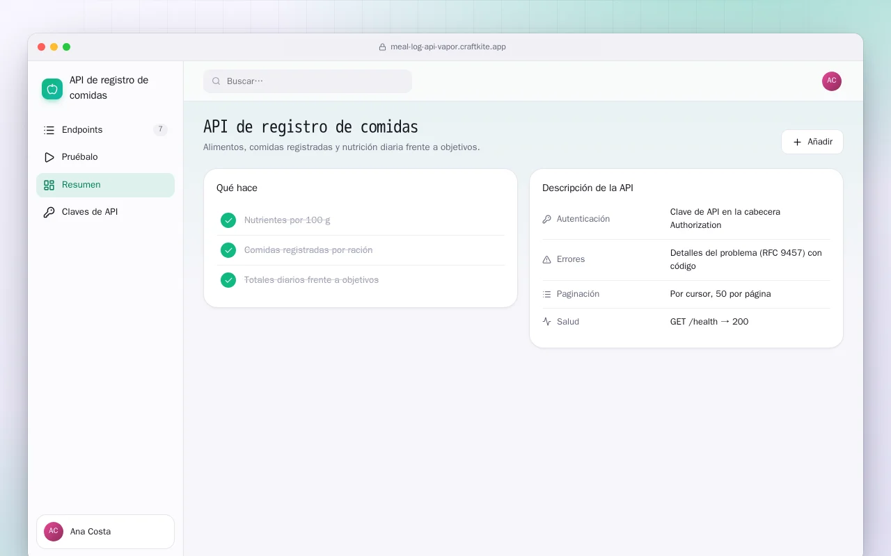 API de registro de comidas (Vapor): la pantalla API de registro de comidas
