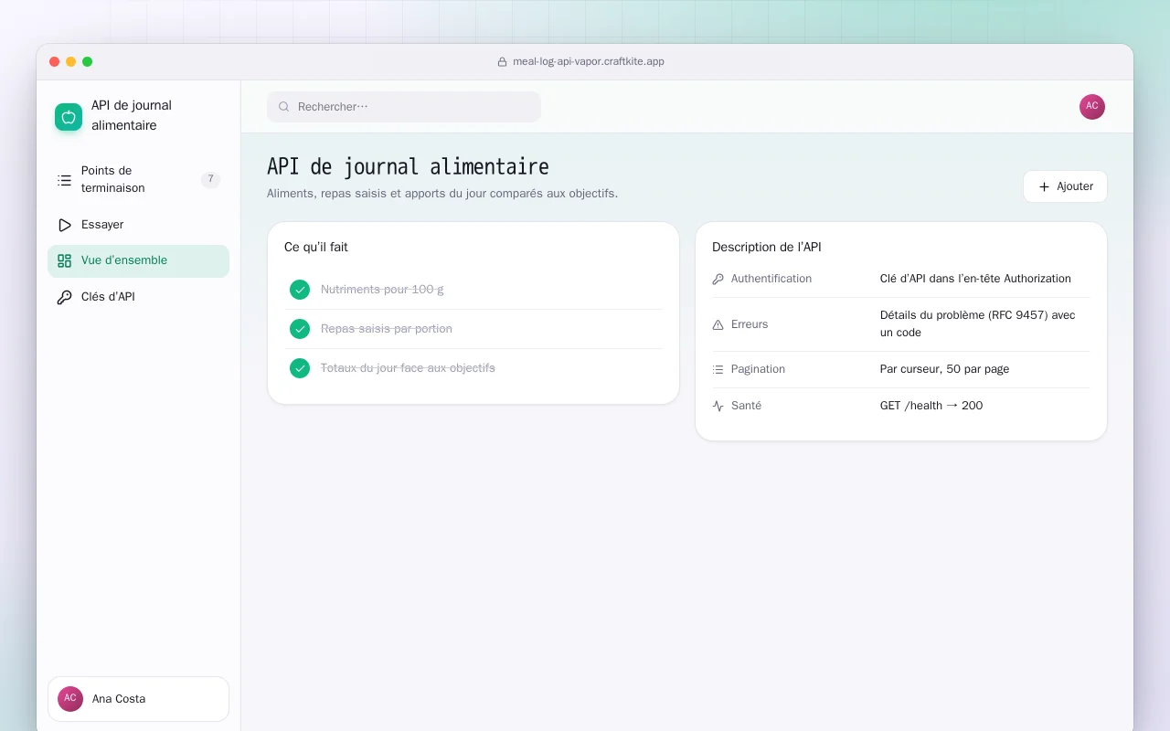 API de journal alimentaire (Vapor) : l’écran API de journal alimentaire