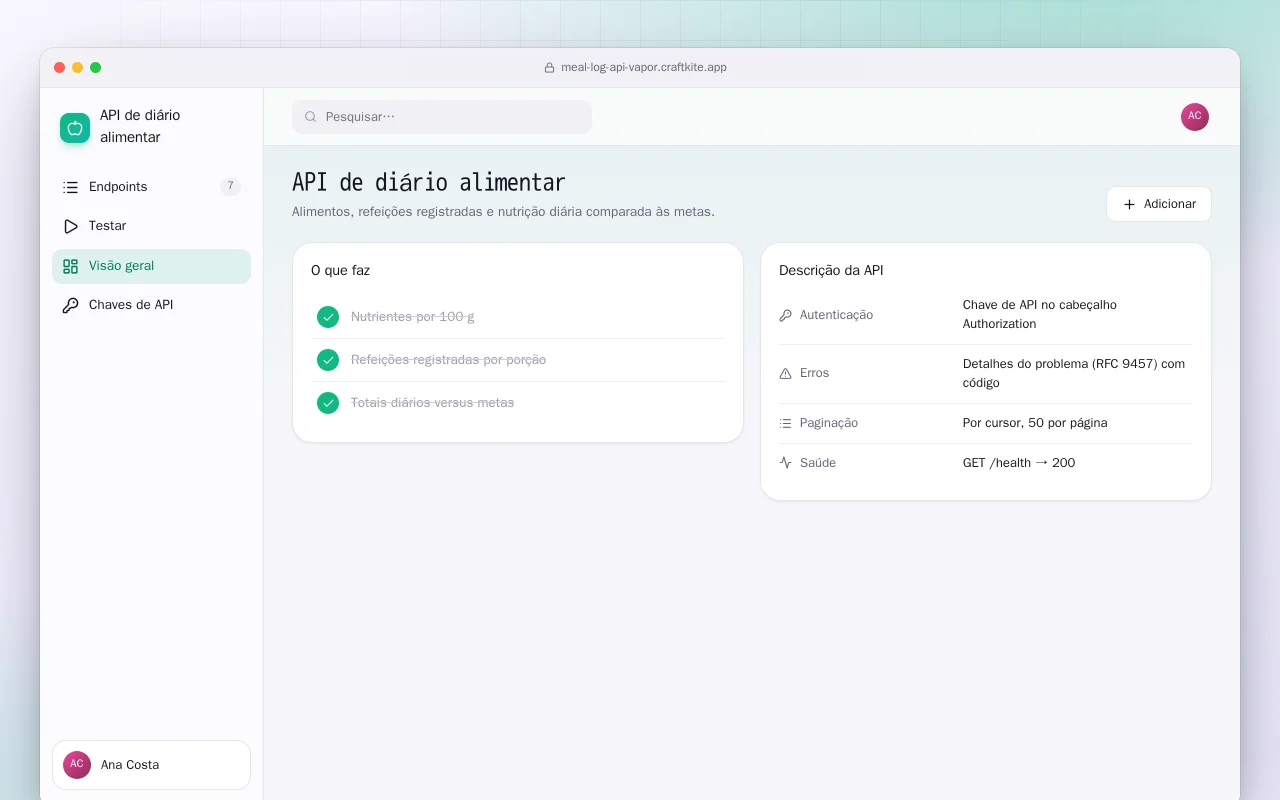API de diário alimentar (Vapor): a tela API de diário alimentar