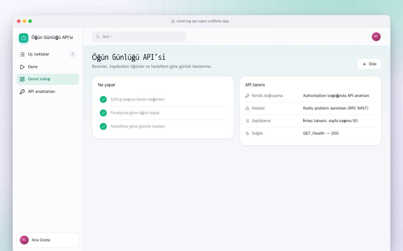 Öğün Günlüğü API’si (Vapor): Öğün Günlüğü API’si ekranı