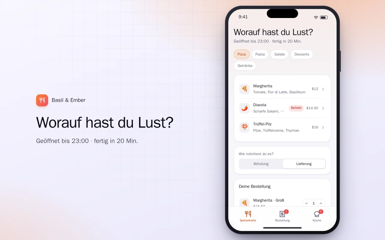 Restaurant-Bestell-App: der Bildschirm „Worauf hast du Lust?“