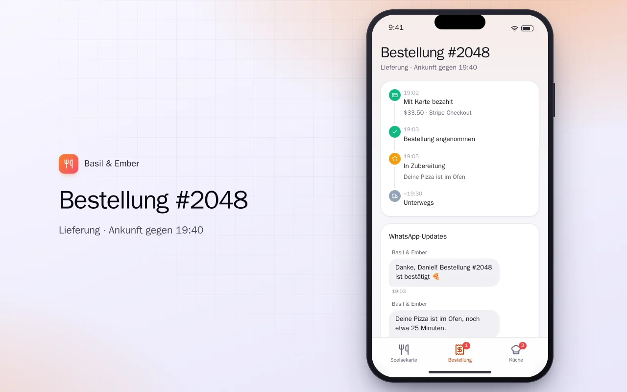 Restaurant-Bestell-App: der Bildschirm „Bestellung #2048“