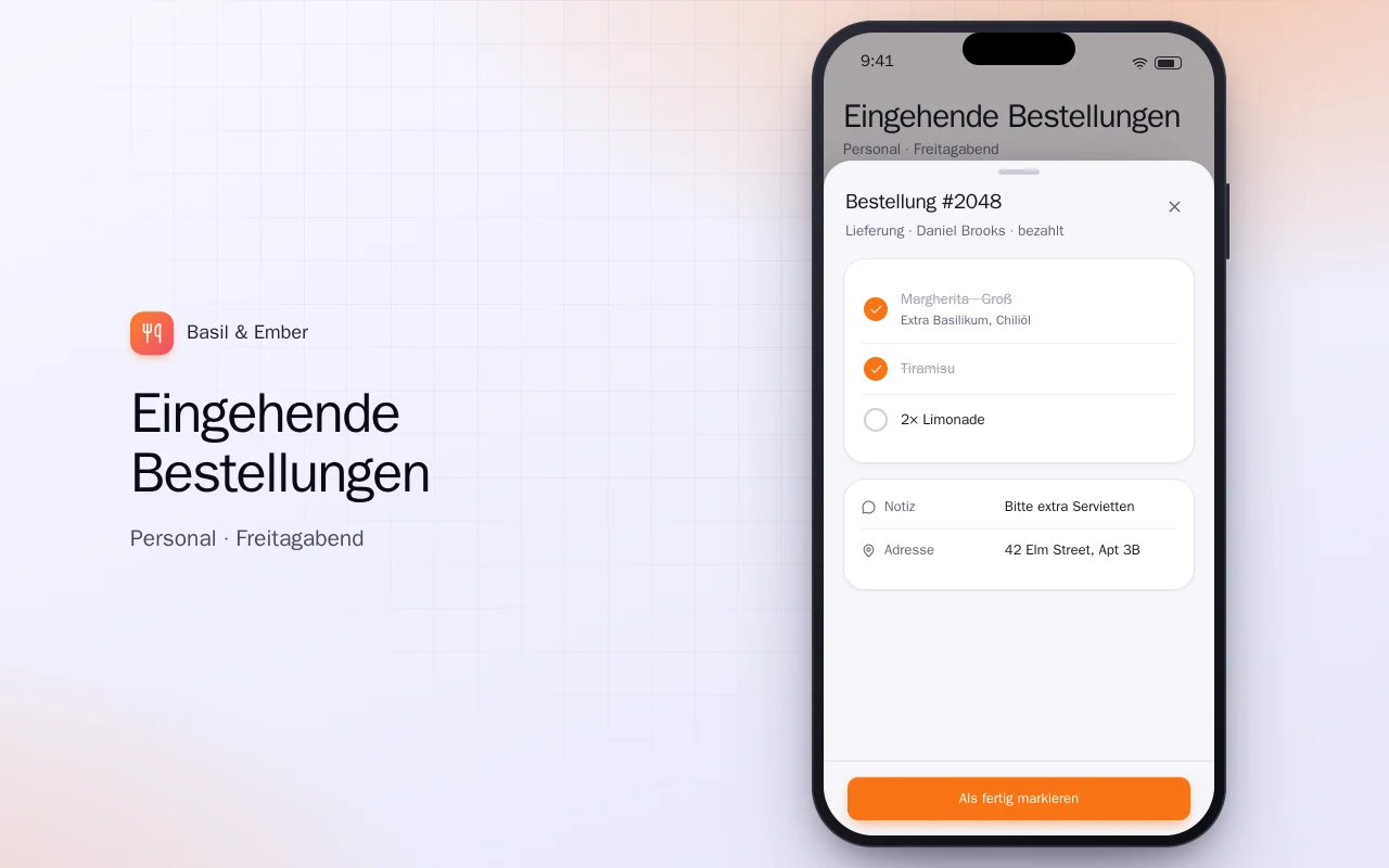 Restaurant-Bestell-App: der Bildschirm „Eingehende Bestellungen“