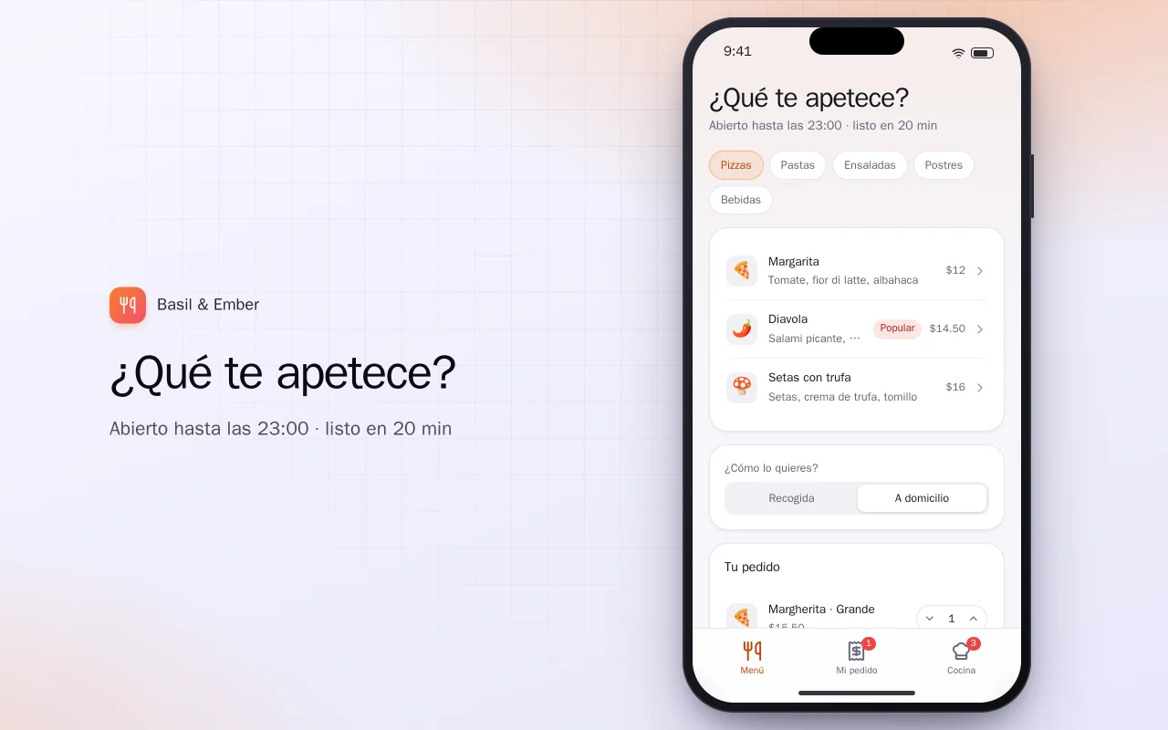 App de pedidos para restaurante: la pantalla ¿Qué te apetece?