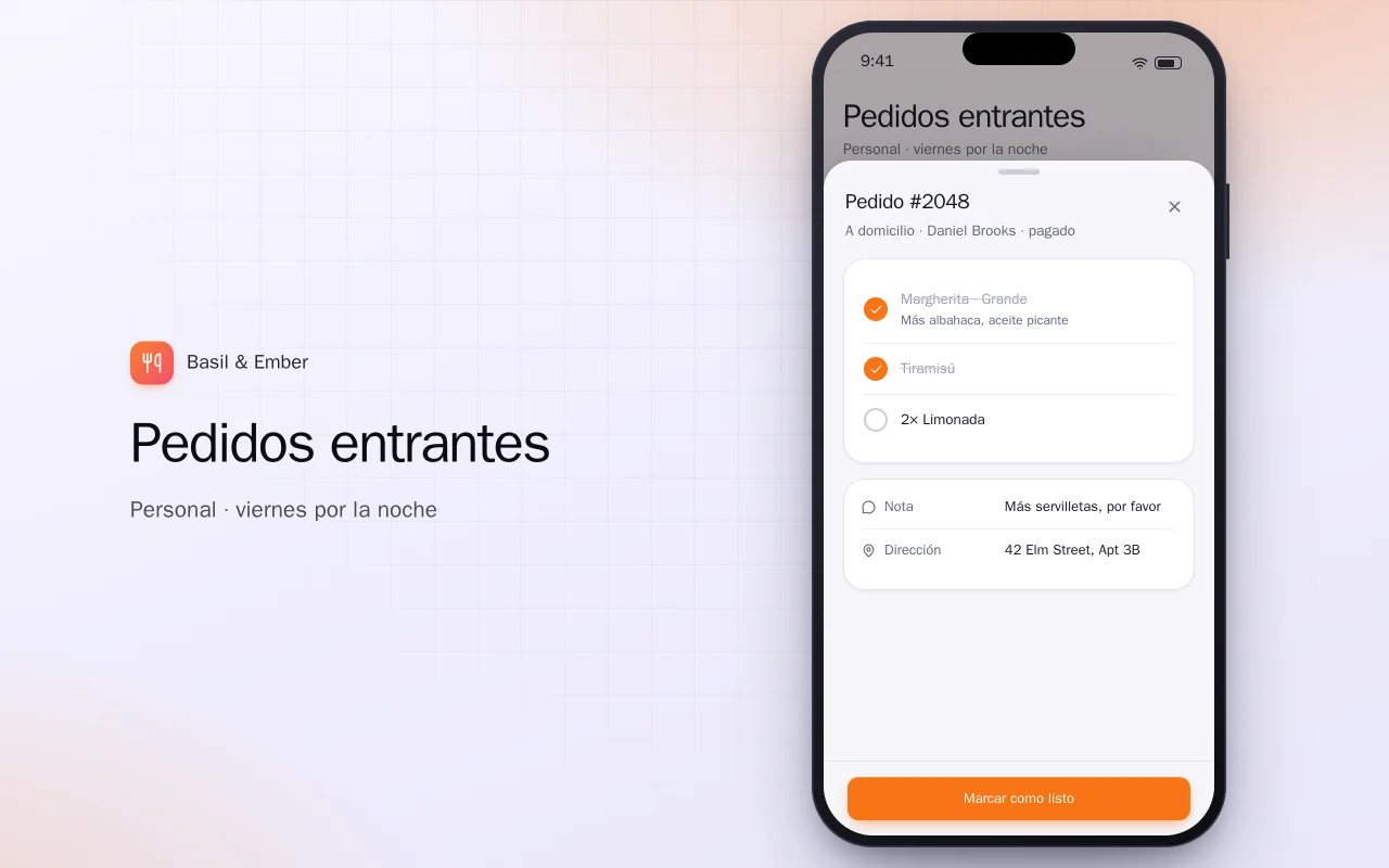App de pedidos para restaurante: la pantalla Pedidos entrantes