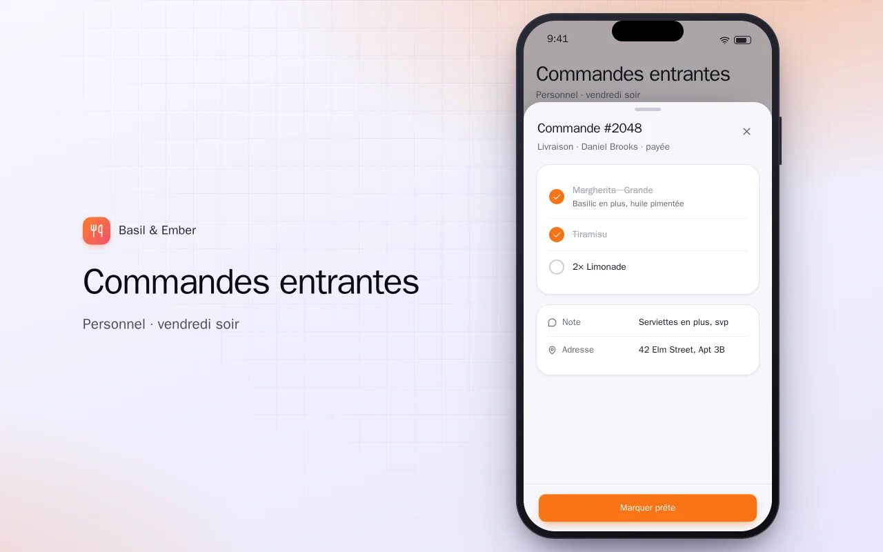 Appli de commande pour restaurant : l’écran Commandes entrantes