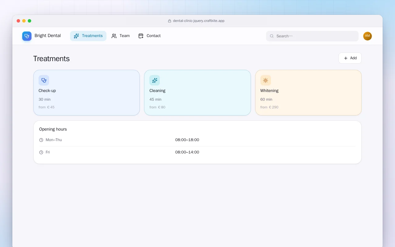 Dental Clinic Website (HTML): the Treatments screen