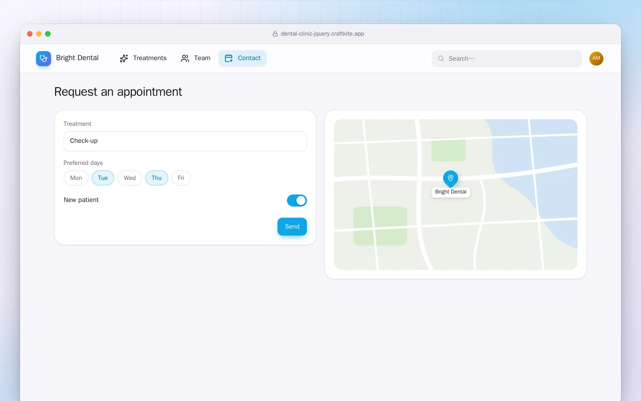 Dental Clinic Website (HTML): the Request an appointment screen