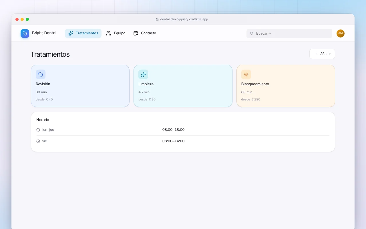 Web de clínica dental (HTML): la pantalla Tratamientos