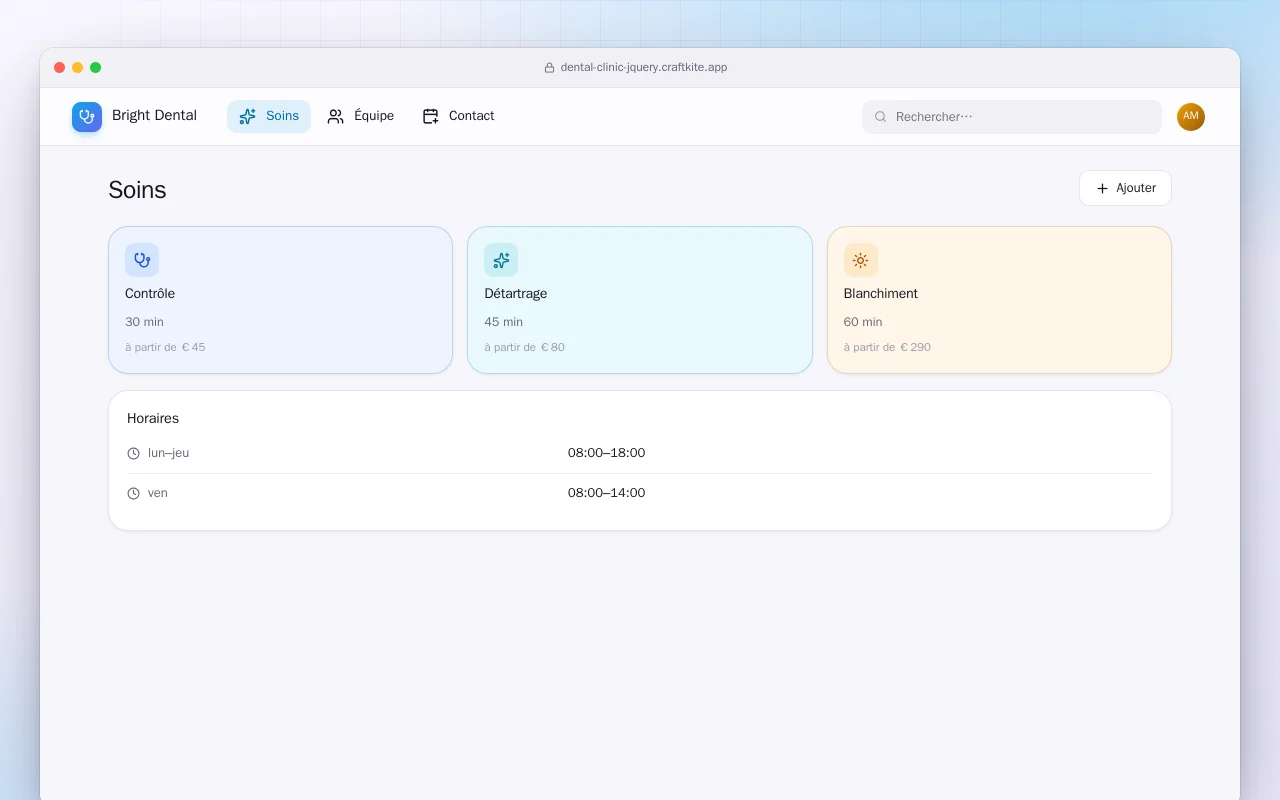 Site de cabinet dentaire (HTML) : l’écran Soins