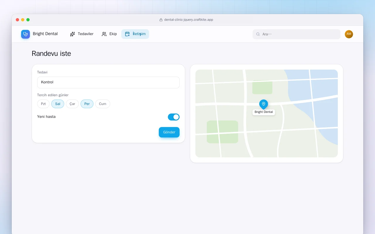 Diş Kliniği Web Sitesi (HTML): Randevu iste ekranı