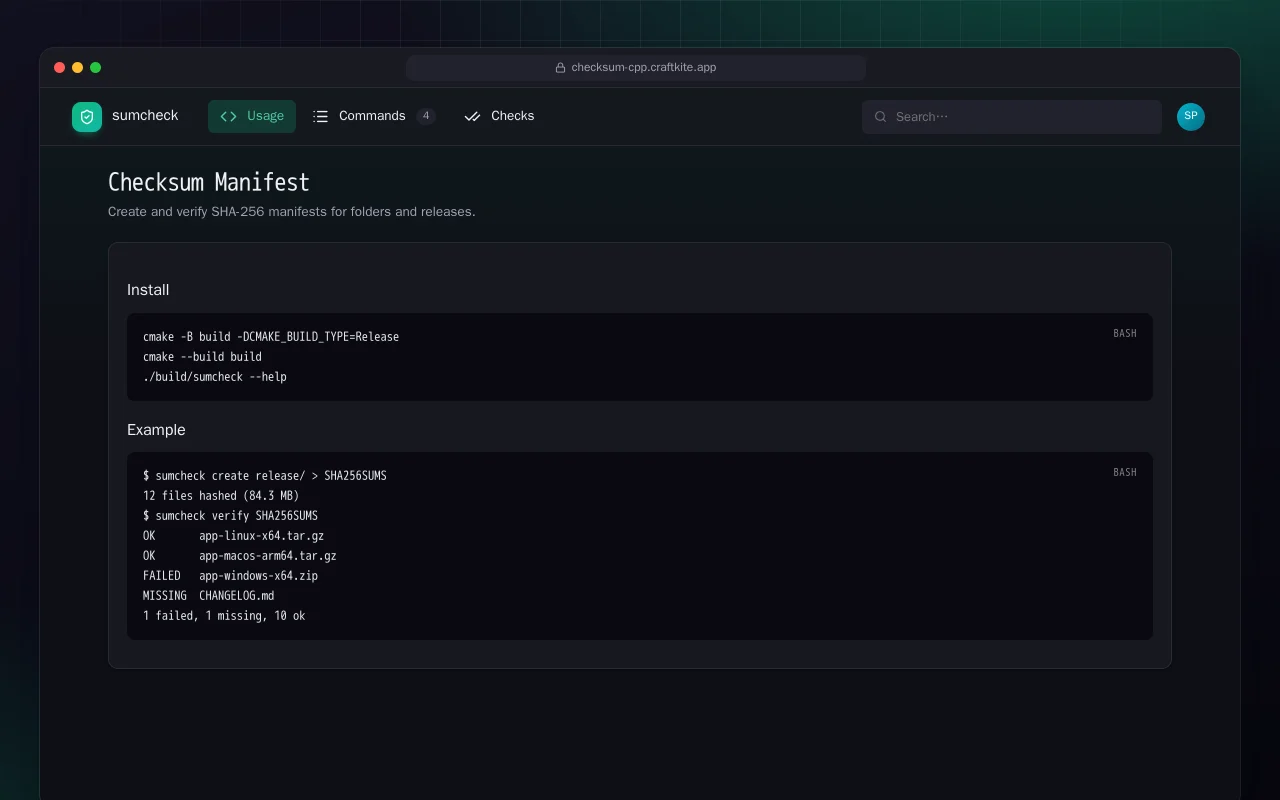 Checksum Manifest (C++): the Checksum Manifest screen