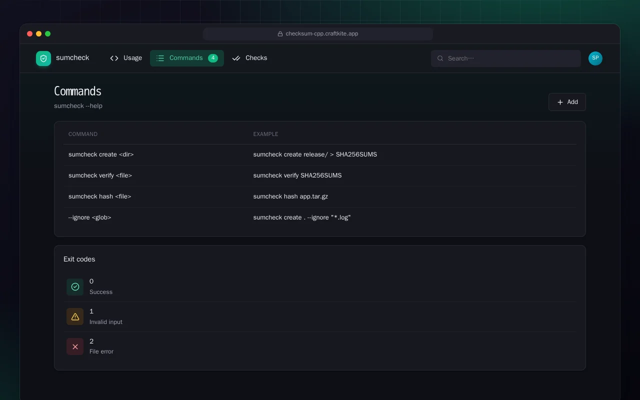 Checksum Manifest (C++): the Commands screen