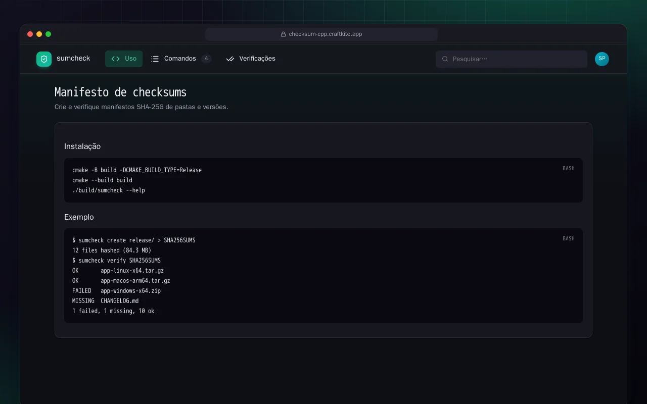 Manifesto de checksums (C++): a tela Manifesto de checksums
